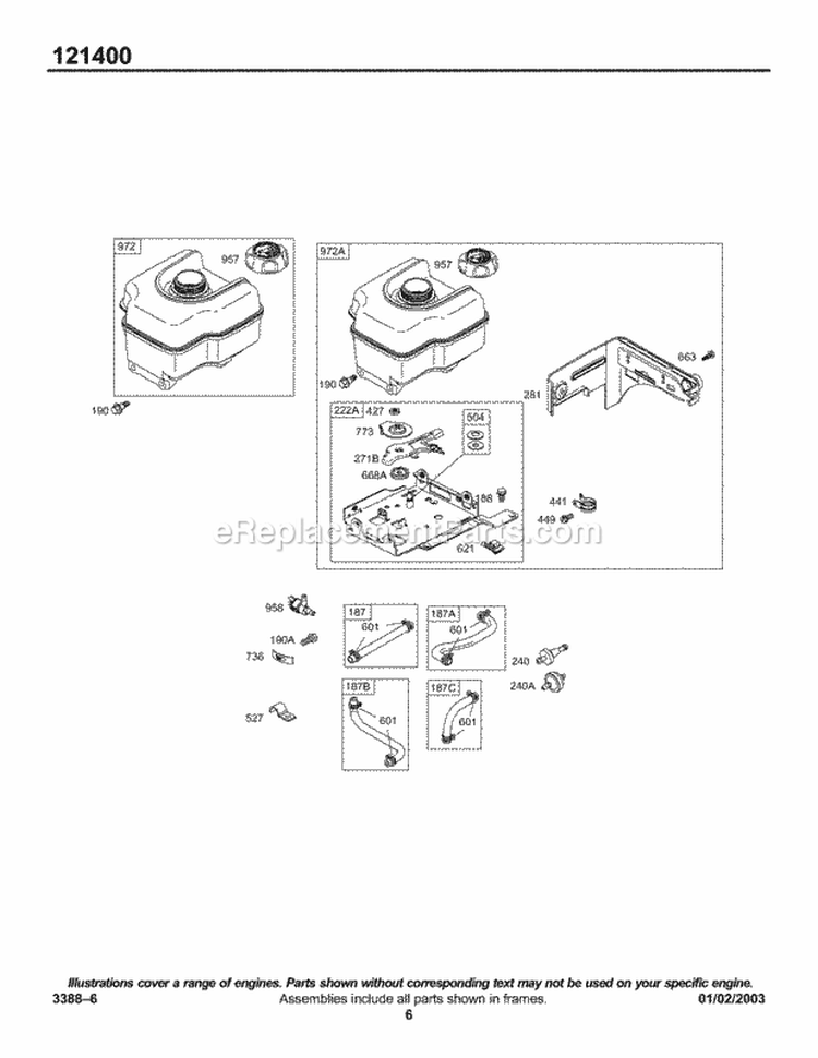 Fuel Tank Group Diagram and Parts List for 121493-0110-E1  Briggs and Stratton Engine